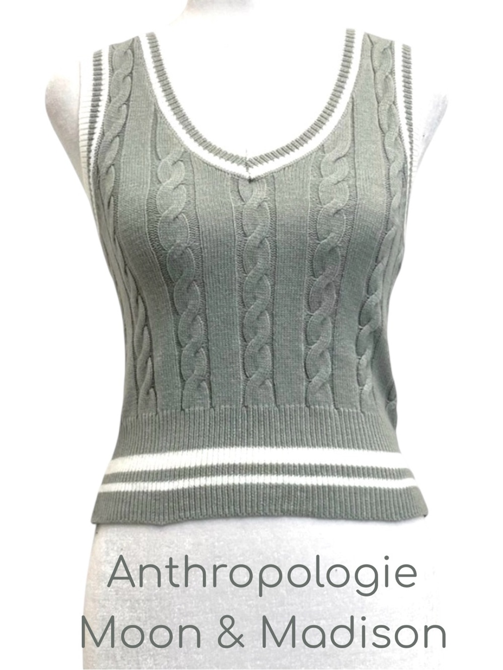 Anthropologie Moon & Madison Tennis Preppy Cable Knit Vest • Size M • Sage Green